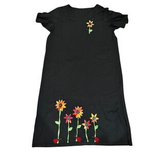 Vtg Karla Marie Black V Neck Short Sleeve embellished Sunflower Ladybug Dress 2X
